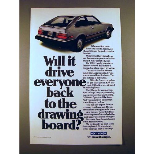 1982 Honda Accord Car Ad - Drive Back to Drawing Board