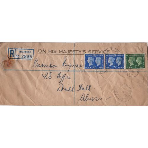 GB 1940 War Office registered letter from to Garrison Engineer Drill Hall Alness