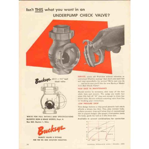 BUCKEYE IRON BRASS WORKS 1956 underpump ball check valve vintage ad