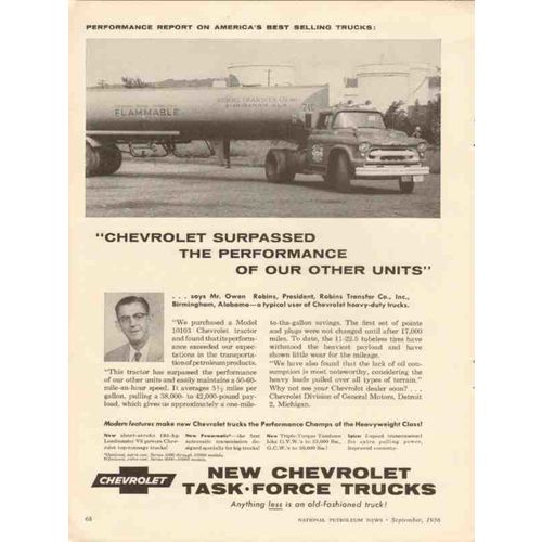 ROBINS TRANSFER COMPANY 1956 Owen Chevrolet trucks perform vintage ad