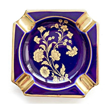 Royal Porzellan Bavaria ashtray cobalt blue and gold tone floral