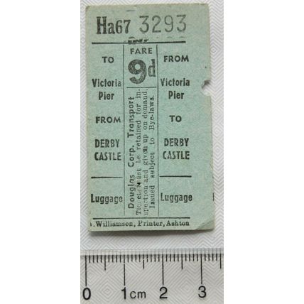 Vintage: 9d ticket Douglas Corp., Victoria Pier to Derby Castle