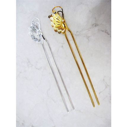 Antique style silver or gold filigree butterfly hair stick pick pin with crystal