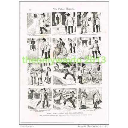 SHORTSIGHTEDNESS AND FORGETFULNESS, CARTOON HUMOUR, Book Illustration c1895