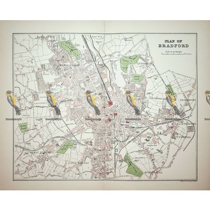 Bradford, Yorkshire, England, Map (Plan), Book Illustration, 1895