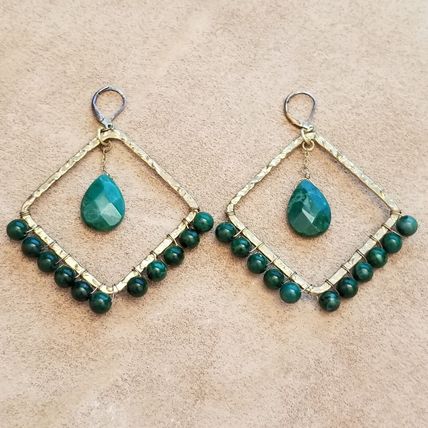 Green & Gold Wire Wrapped Bead Square Earrings