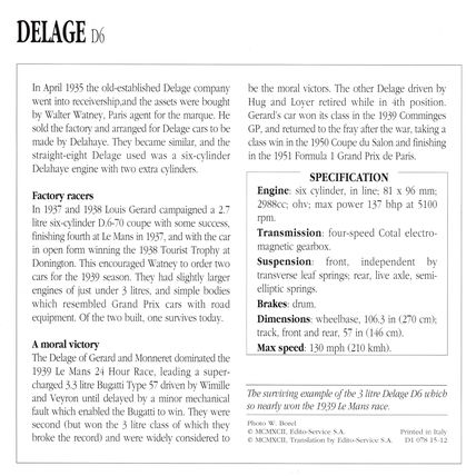 Collectors Club card. Classic Cars. Delage D6