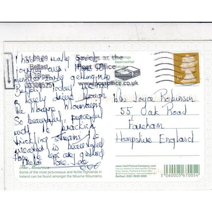 Mournes Northern Ireland Postcard posted 2009 marks on face