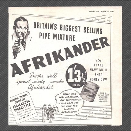 AFRIKANDER PIPE CIGARETTE TOBACCO :- WWII Original Vintage 1940 Advert