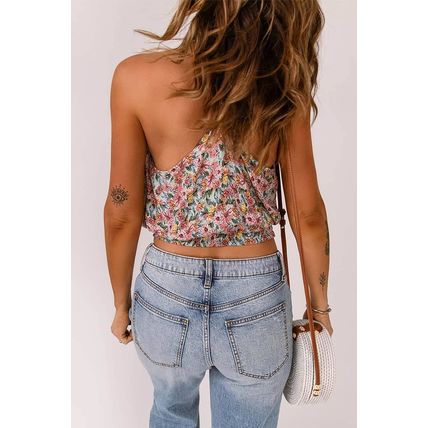 Multicolor Wrapped V Neck Floral Tank Crop Top