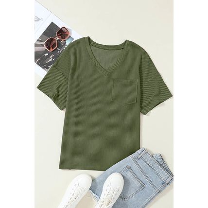 Jungle Green Corded V Neck Chest Pocket Loose T-shirt