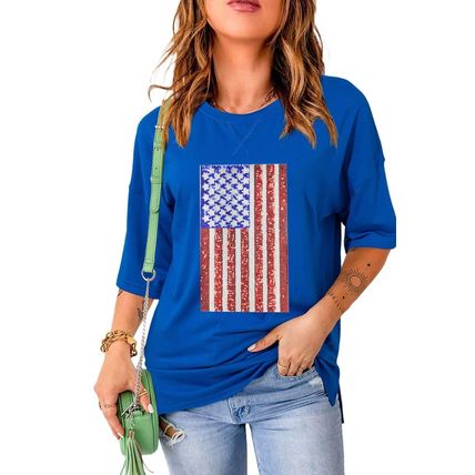Dark Blue Sequin American Flag Graphic Split Baggy T Shirt