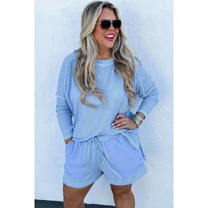 Light Blue Plus Size Ribbed Long Sleeve Top and Drawstring Shorts Set