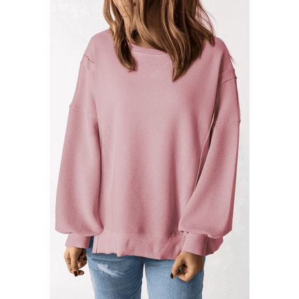 Pink Waffle Knit Bishop Sleeve Split Oversized Sweatshirt