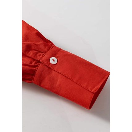 Tomato Red Bishop Sleeve Button Up Pleated Mini Shirt Dress