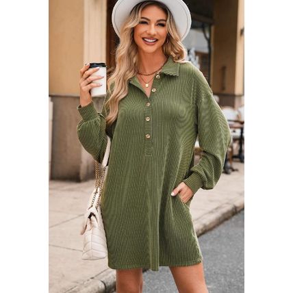 Moss Green Corded Buttons Placket Drop Shoulder Collared Shift Dress