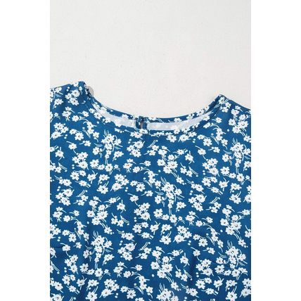 Blue Ditsy Floral Print Lantern Sleeve Blouse
