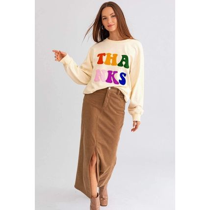 Apricot THANKS Chenille Embroidered Drop Shoulder Graphic Sweatshirt