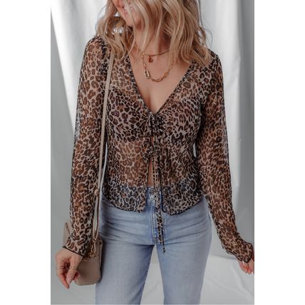 Multicolour Leopard Sheer Mesh Long Sleeve V Neck Lace-up Blouse