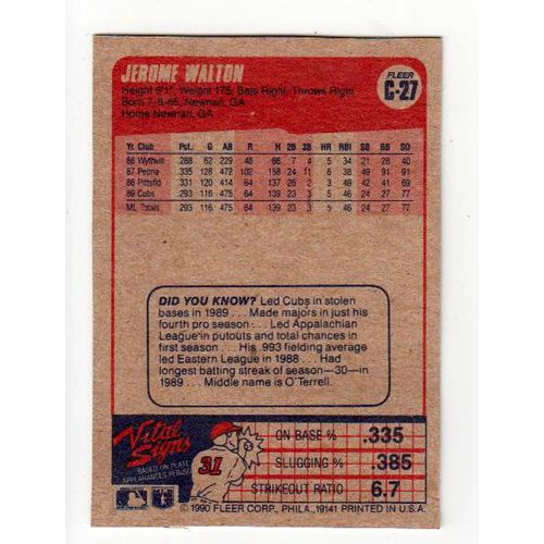 1990 Fleer Jerome Walton #C-27 wax box bottom card – Chicago Cubs