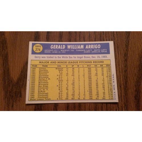 1970 Topps Card # 274 Gerry Arrigo Excellent (5) Chicago White Sox