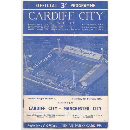 MATCH PROGRAMME 1960-61 CARDIFF CITY v MANCHESTER CITY (Good - Writing Inside)