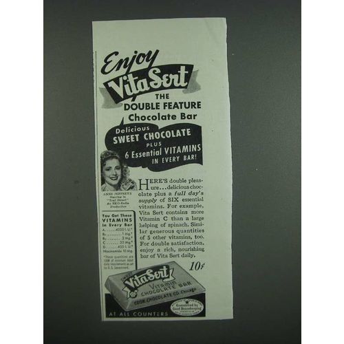 1947 Vita Sert Vitamin Chocolate Bar Ad - Anne Jeffreys