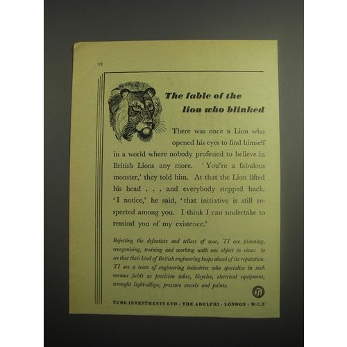1948 Tube Investments Ltd Ad - The fable of the lion who blinked