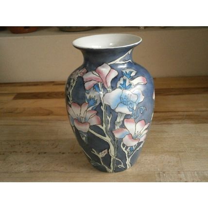 Blue & Pink Oriental Design Hand Painted Floral Vase