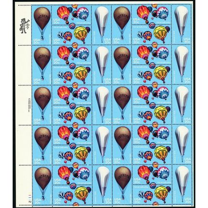 Hot Air Balloons Full Sheet of Forty 20 Cent Postage Stamps Scott 2032-35