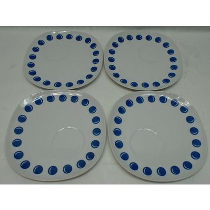 4 VINTAGE RETRO JONAS ROBERTS 9" Snack Plates Saucers Circles Blue Polka Dots