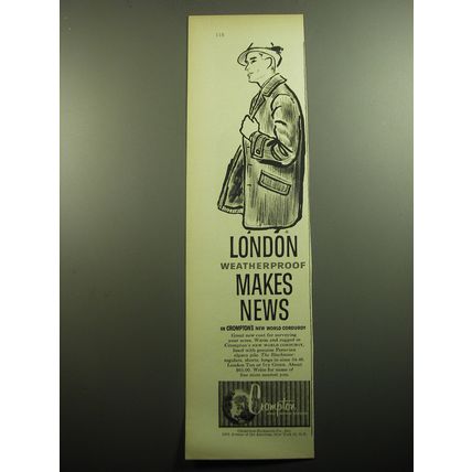 1958 Crompton New World Corduroy Ad - London weatherproof makes news