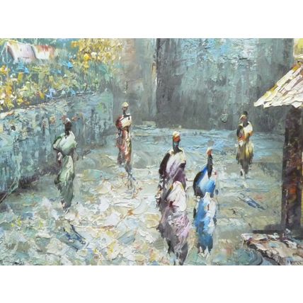 Vintage Impasto Oil Painting, Medieval Moorish Women Castle & Alley, 61 x 52 cm