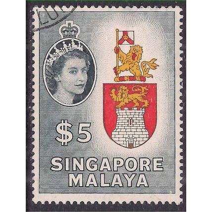 Singapore 1955 -59 QE2 $5 Arms of Singapore Used SG 52 ( L855 )