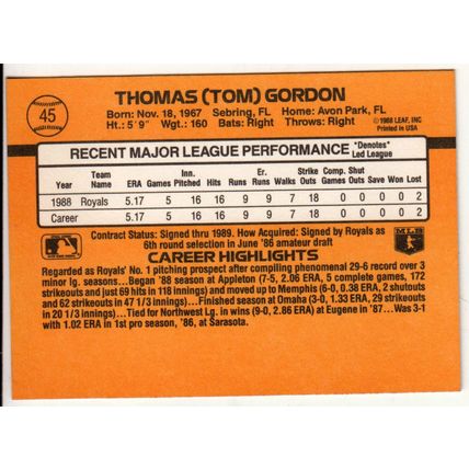 1989 Donruss Tom Gordon rookie baseball card #45 – *denotes*