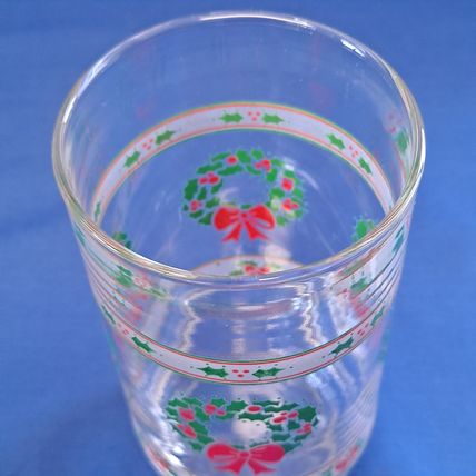 Lot 4 Indiana Glass VICTORIAN CHRISTMAS TUMBLERS 14 oz Wreath Holly Ribbon Drink