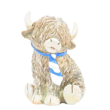 Happy Highland Cow Ornament Wearing Blue & White Tie 10 CM Gift Home Decor