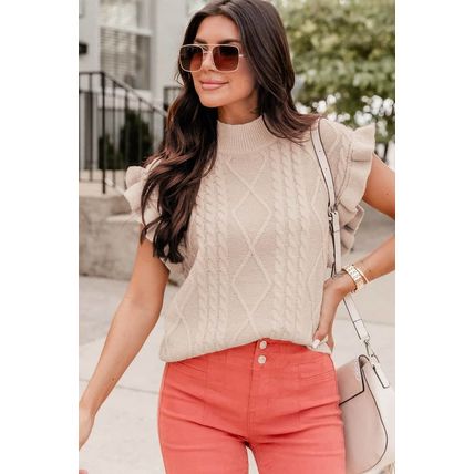 Parchment Cable Knit Mock Neck Cap Sleeve Sweater