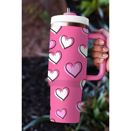 Rose Red Valentines Heart Printed Thermos Cup with Handle