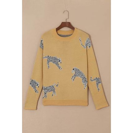 Camel Fuzzy Cheetah Accent Round Neck Sweater