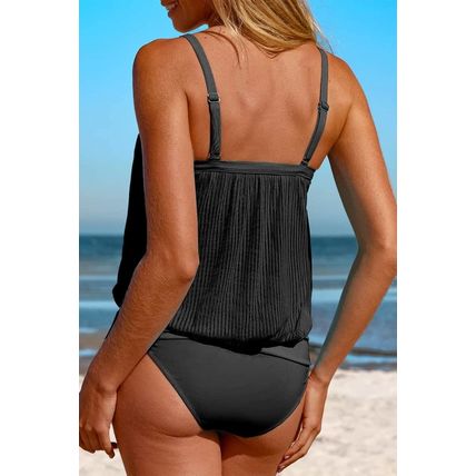 Black Striped Mesh Knotted Hem Tankini Swimsuit