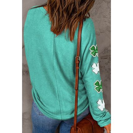 Green Sequined St Patrick Clover Patched Long Sleeve Top