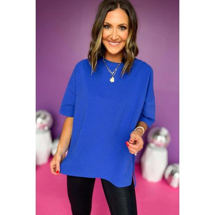 Dark Blue Longline Short Sleeve Side Slit Drop Shoulder Top