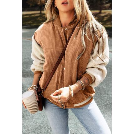 Buckskin Corduroy Fleece Patchwork Buttoned Bomber Jacket