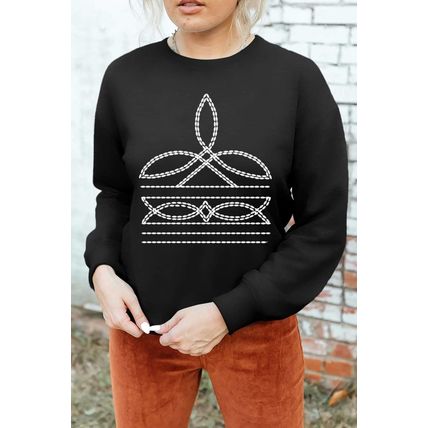 Black Western Pattern Print Round Neck Pullover Sweatshirt