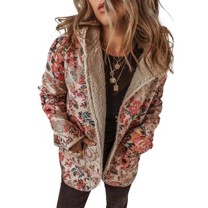 Beige Vintage Paisley Floral Printed Sherpa Lined Hooded Jacket