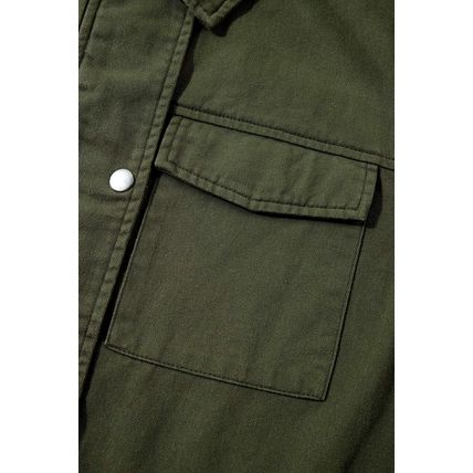 Moss Green Snap Button Zipper Tight Waist Collared Jacket