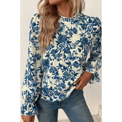 Sky Blue Floral Print Flounce Sleeve Keyhole Back Blouse