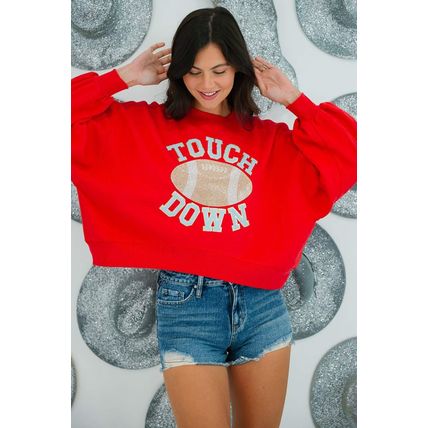 Fiery Red TOUCH DOWN Football Graphic Pullover Sweatshirt