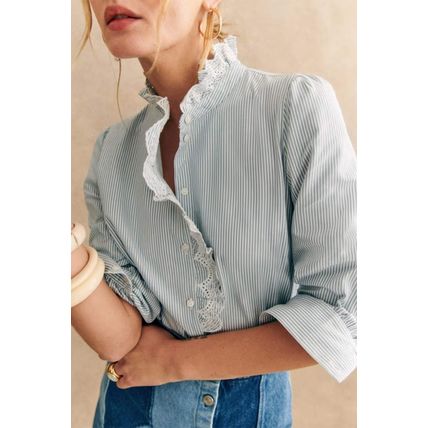 Sky Blue Stripe Frilled Trim Button Up Long Sleeve Shirt